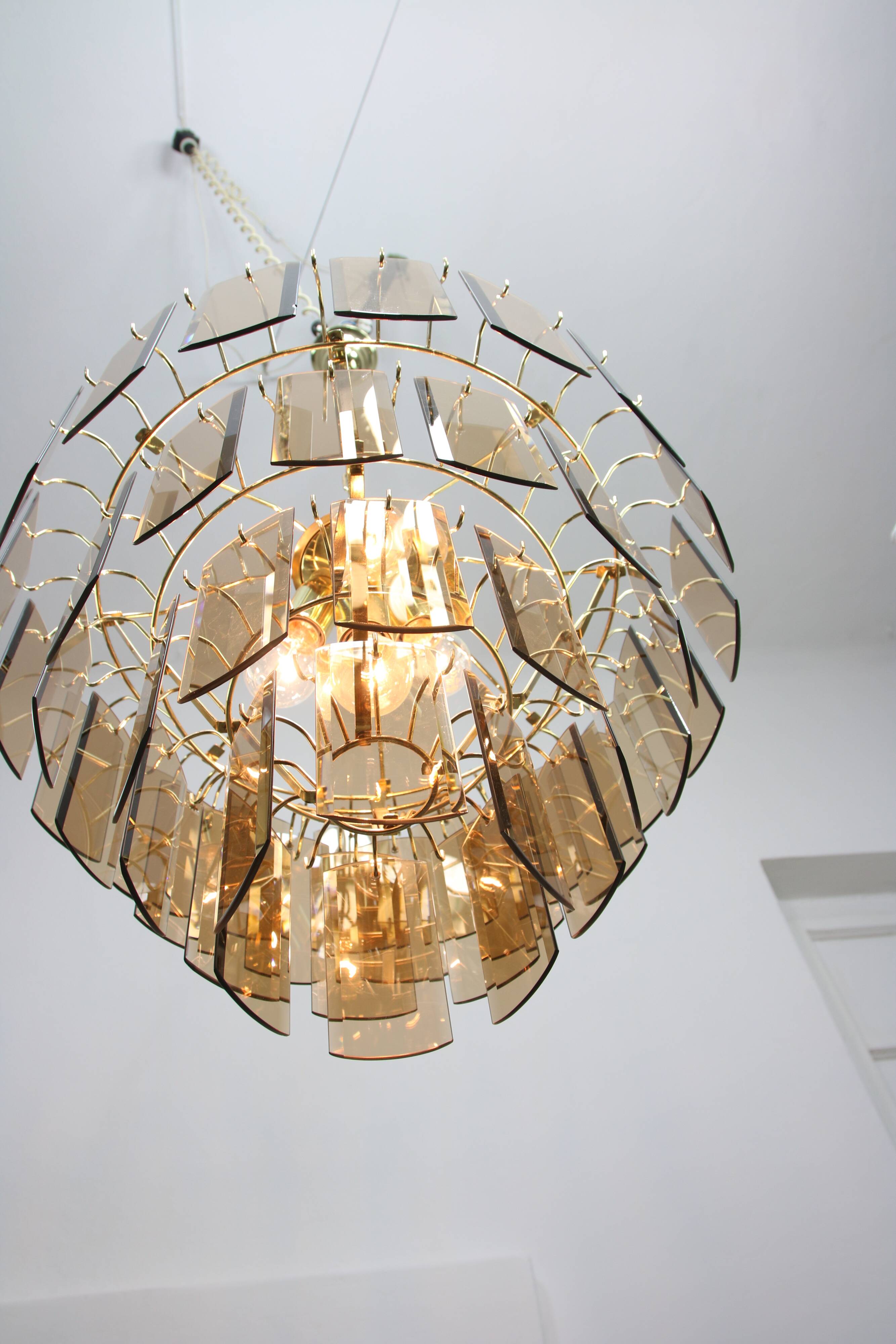 Vintage Veca Chandelier: Italian 1970s Smoked Glass & Brass Pendant Lamp