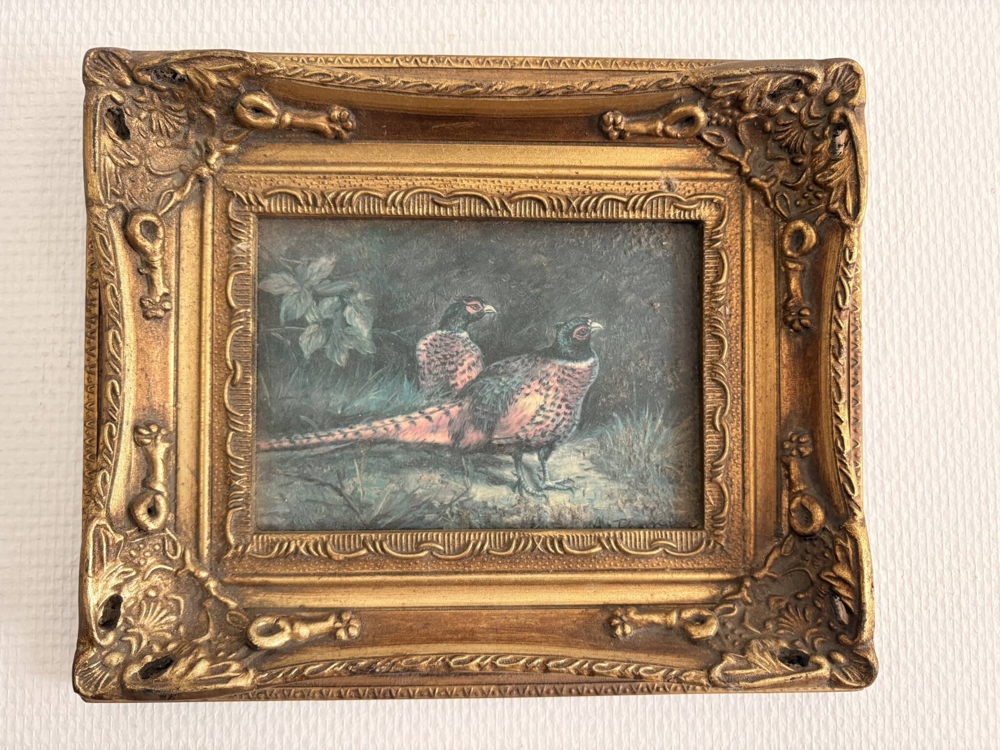Ancient Impressionist Painting Hunting Pheasant English Rococo Frame