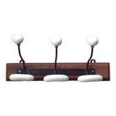 French Vintage Retro Wood Iron & Cream Ceramic 3 Hook Coat/ Hat Rack 5538