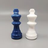 1970s elegant blue and white chess set in volterra alabaster handmade. made in italy