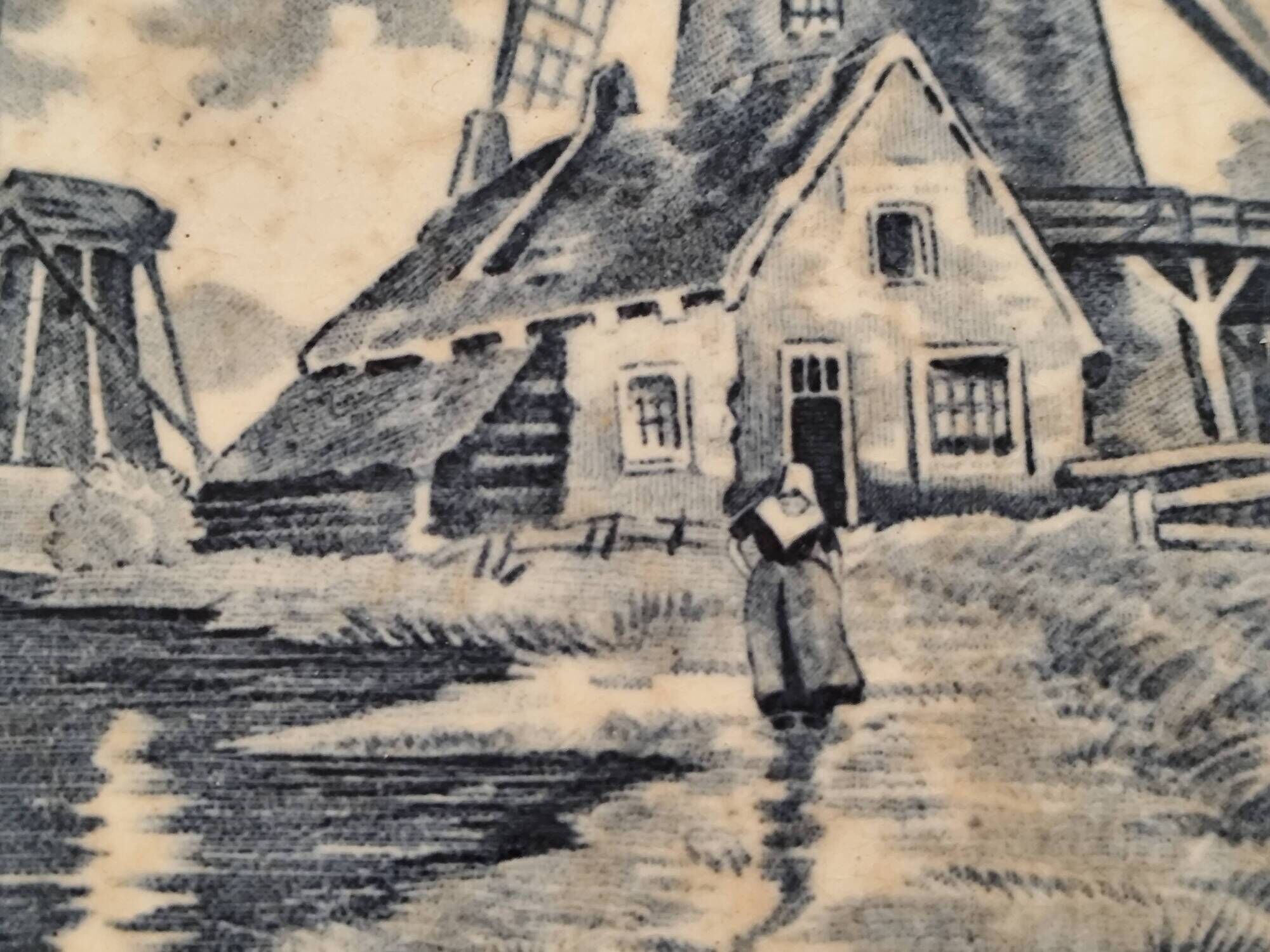 Ceramic tile trivet and wooden frame with Dutch windmill.
