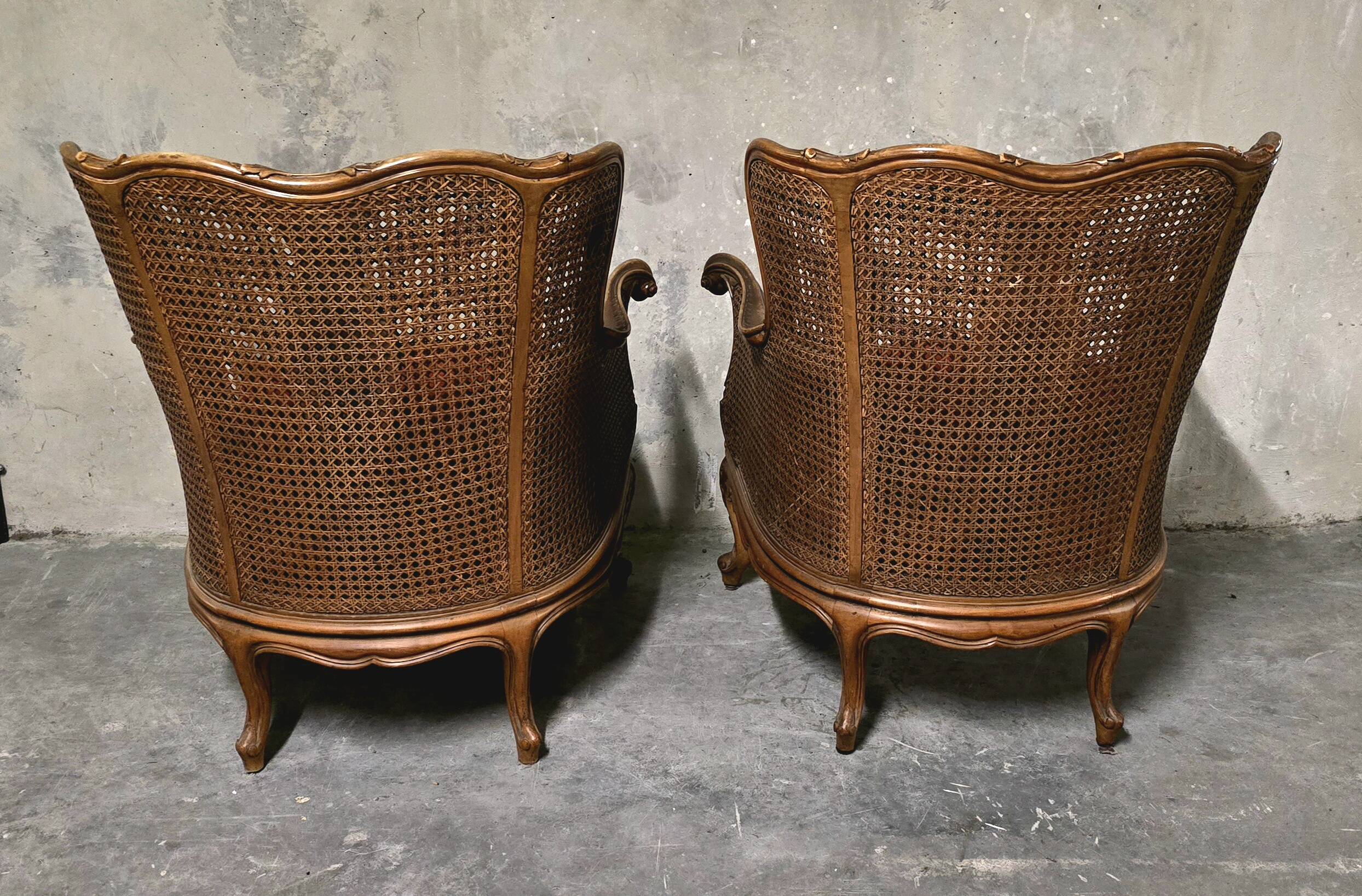 Pair of wooden and rattan armchairs, Louis XV style