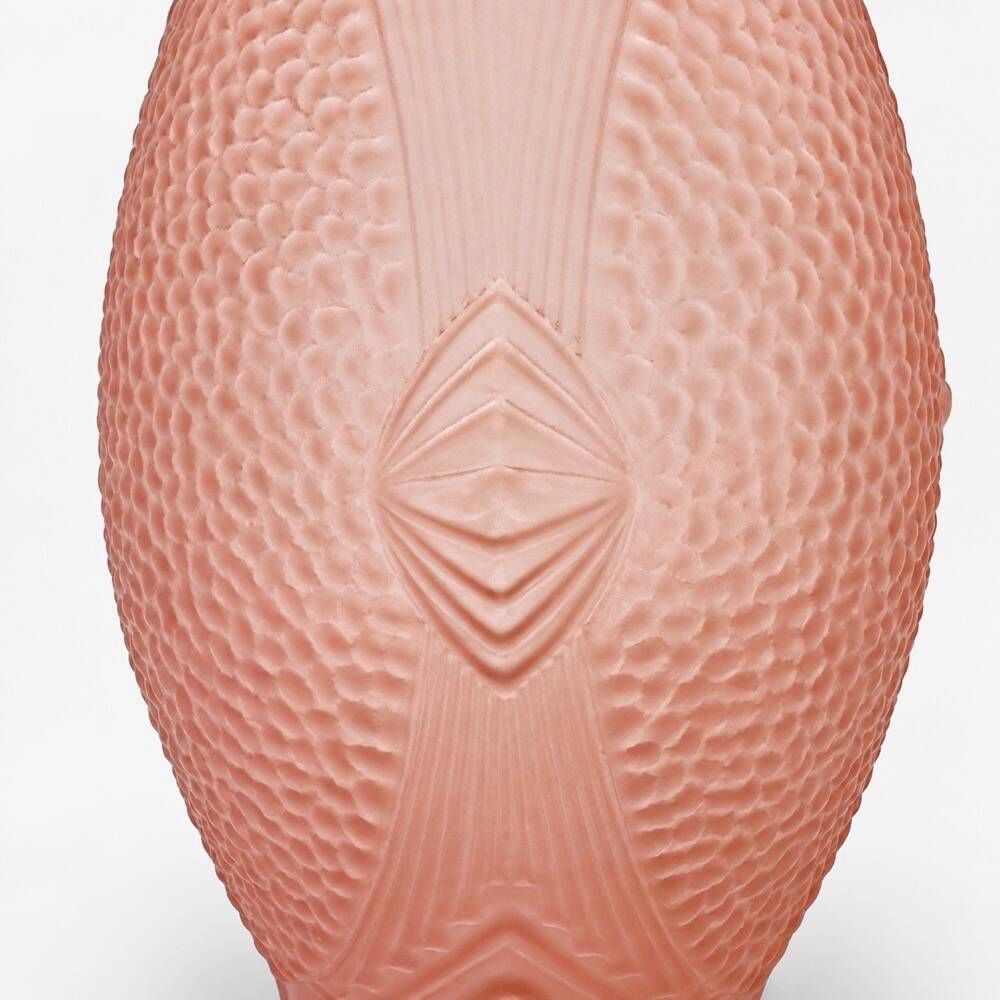 Art Deco vase, pressed moulded glass, pink with geometric decoration.