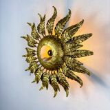 Spanish sunburst ceiling light fixture or sconce in gilt wrought iron, circa 1950s