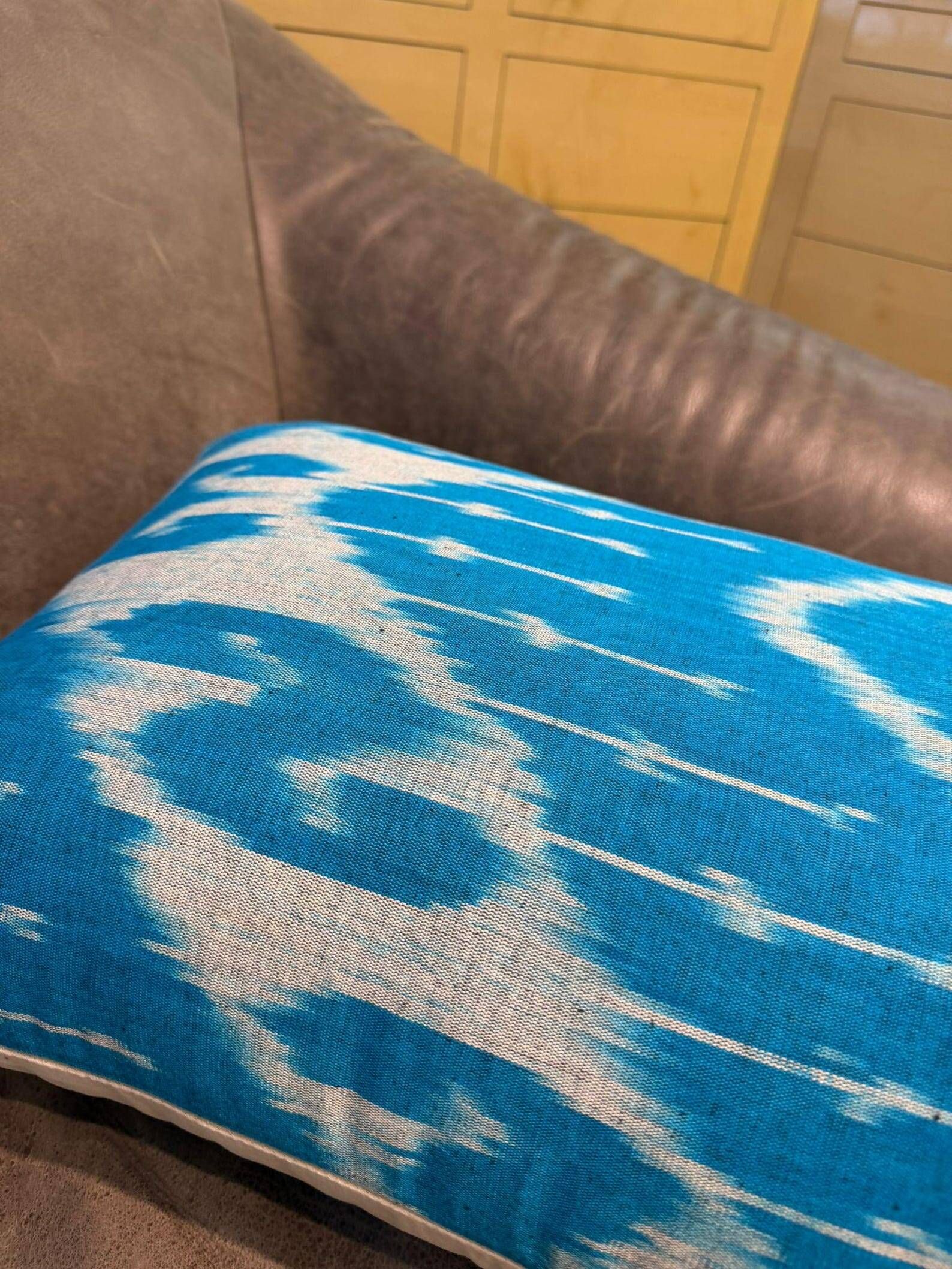Hand Crafted Silk Ikat Lumbar Cushion Cover, Sky Blue Wave Pillow Case
