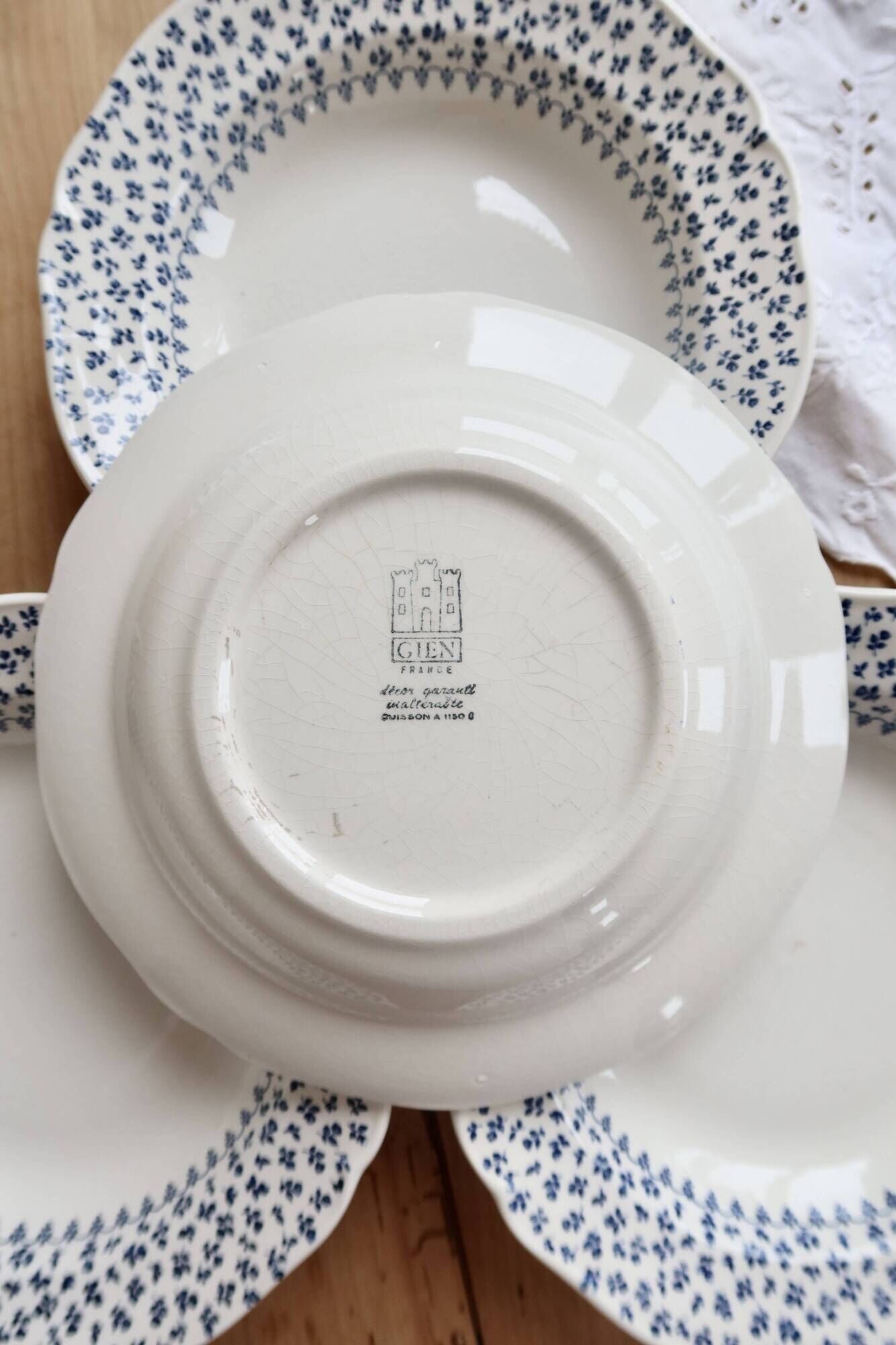 4 vintage Gien deep plates – Ivory earthenware with blue flowers