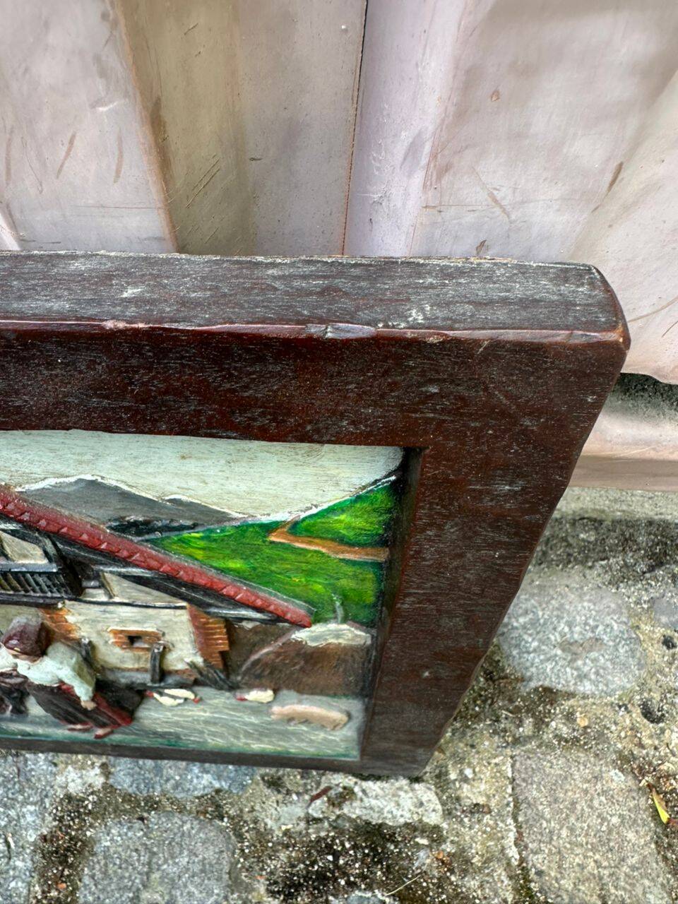 Wooden bas-relief panel, carved and painted