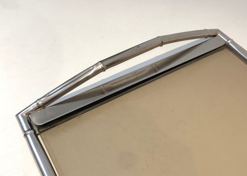 Chrome tray style faux-bamboo with smoked glass top