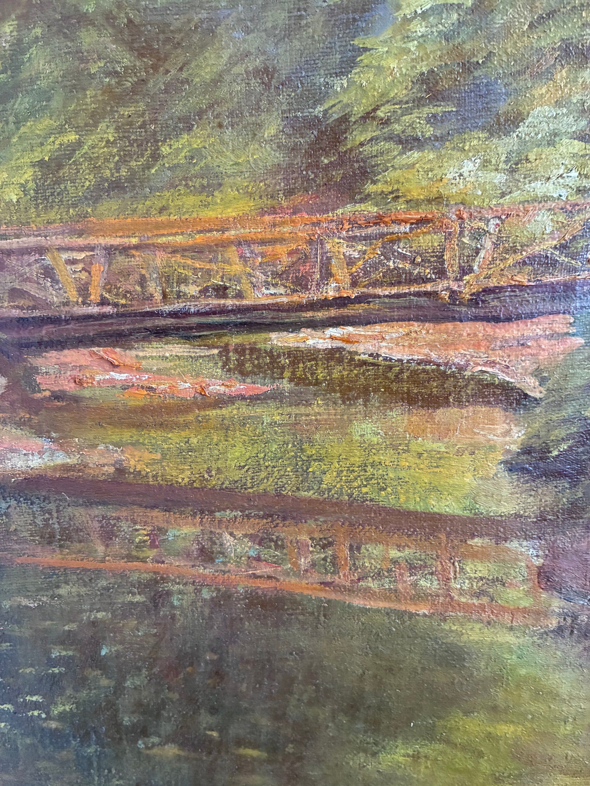 Peinture à l'huile vintage originale paysage forestier