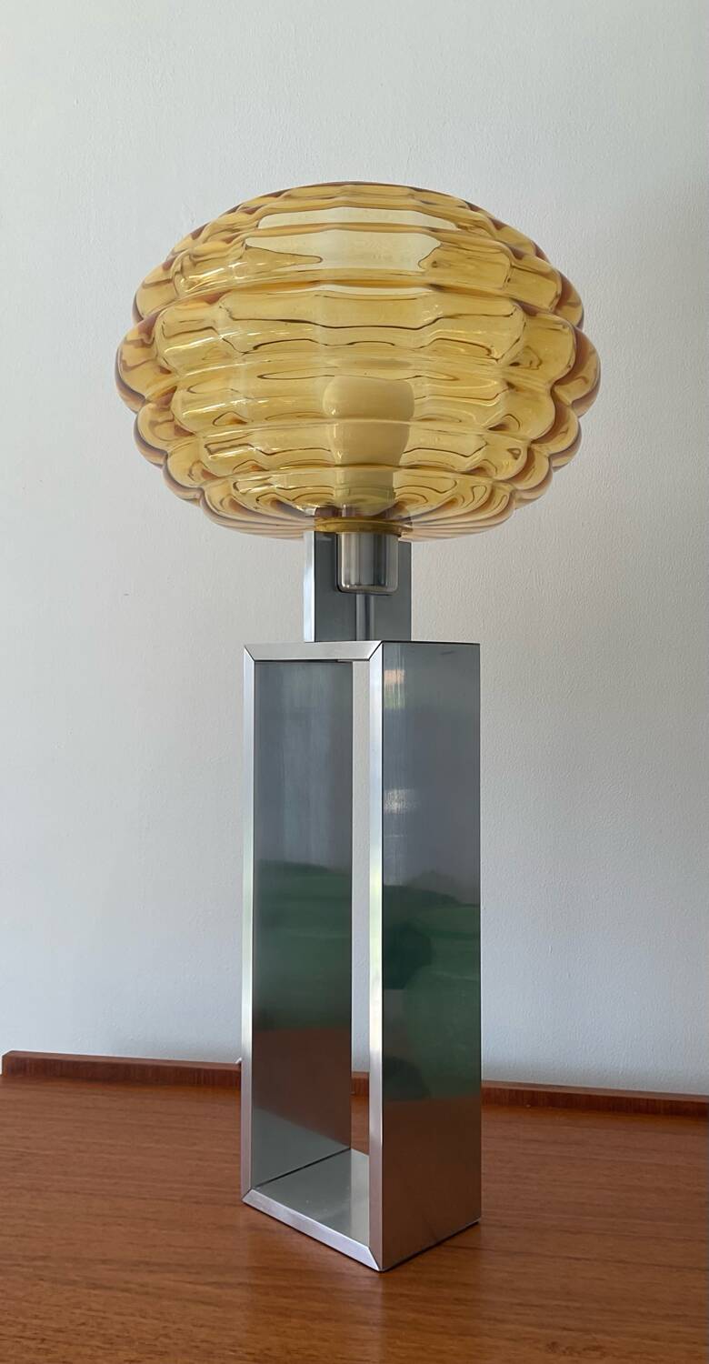 Vintage lamp in amber glass and aluminum