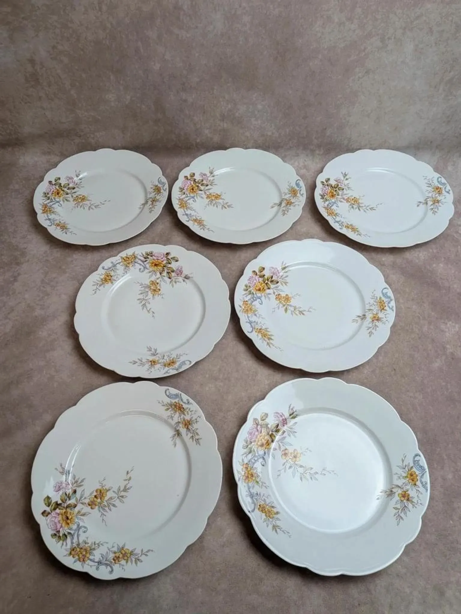 Set of 7 vintage flat plates in porcelain – Polychrome floral decoration