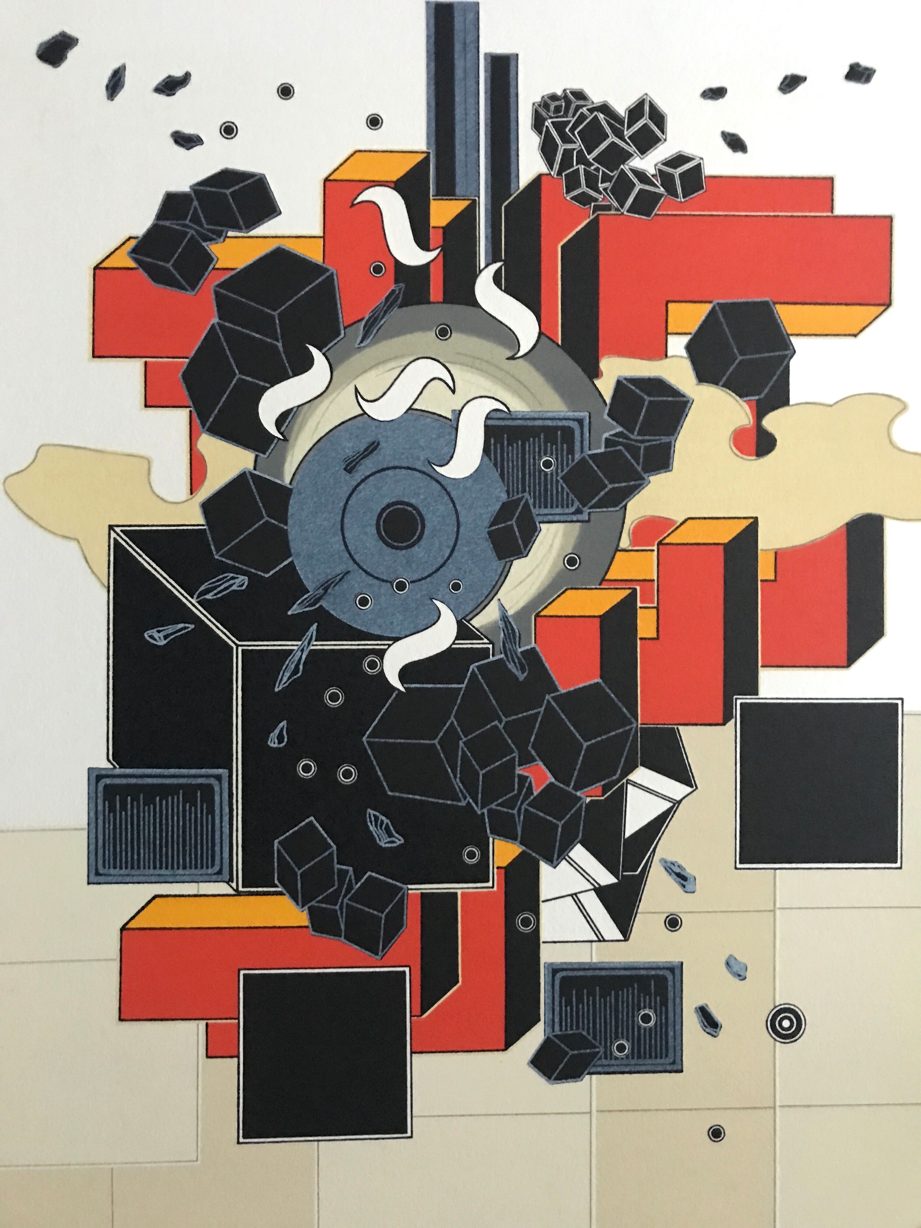 Lithograph by Alain Le Yaouanc, fire, 1978