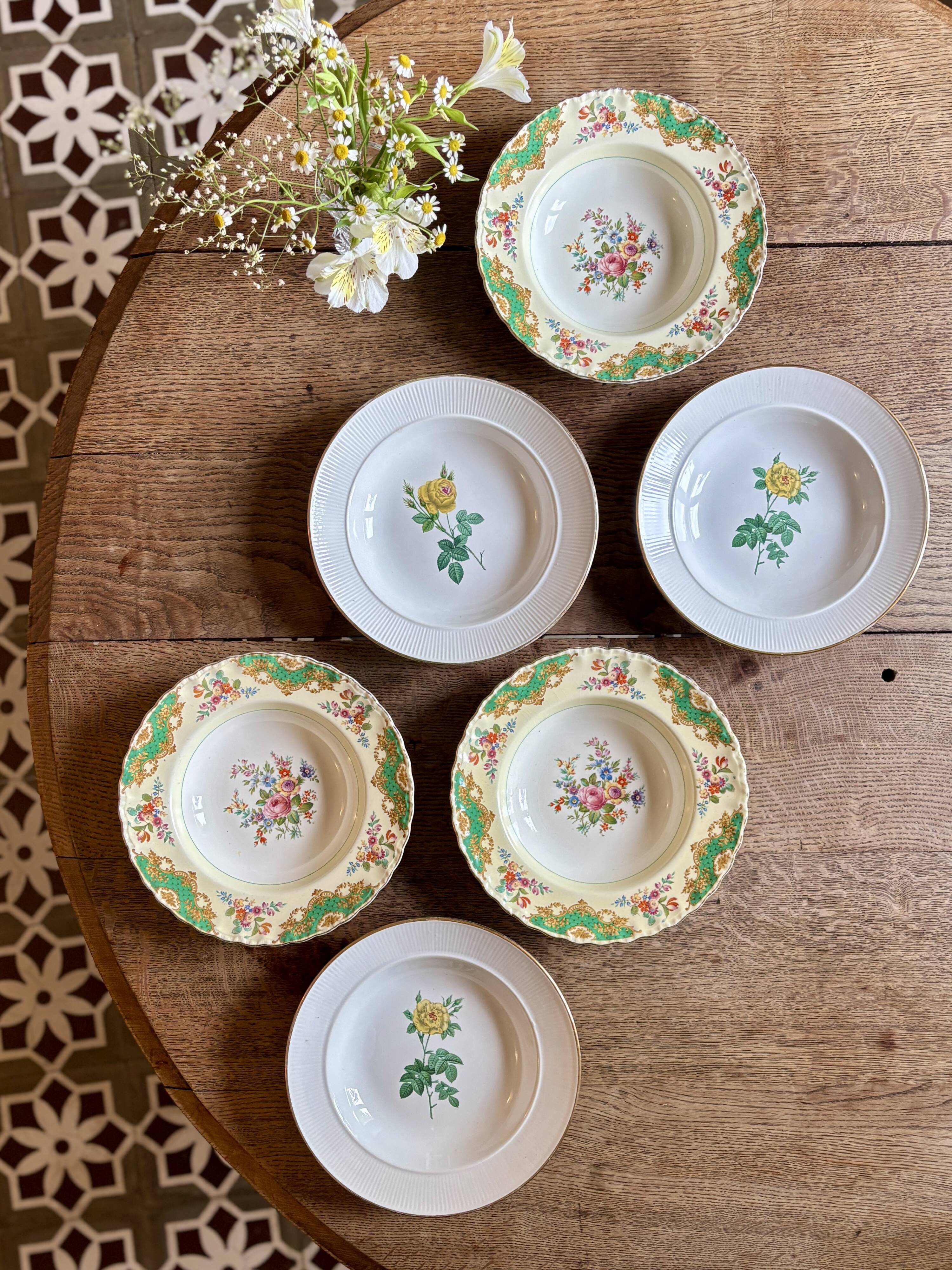 Set of 6 mismatched antique deep plates.