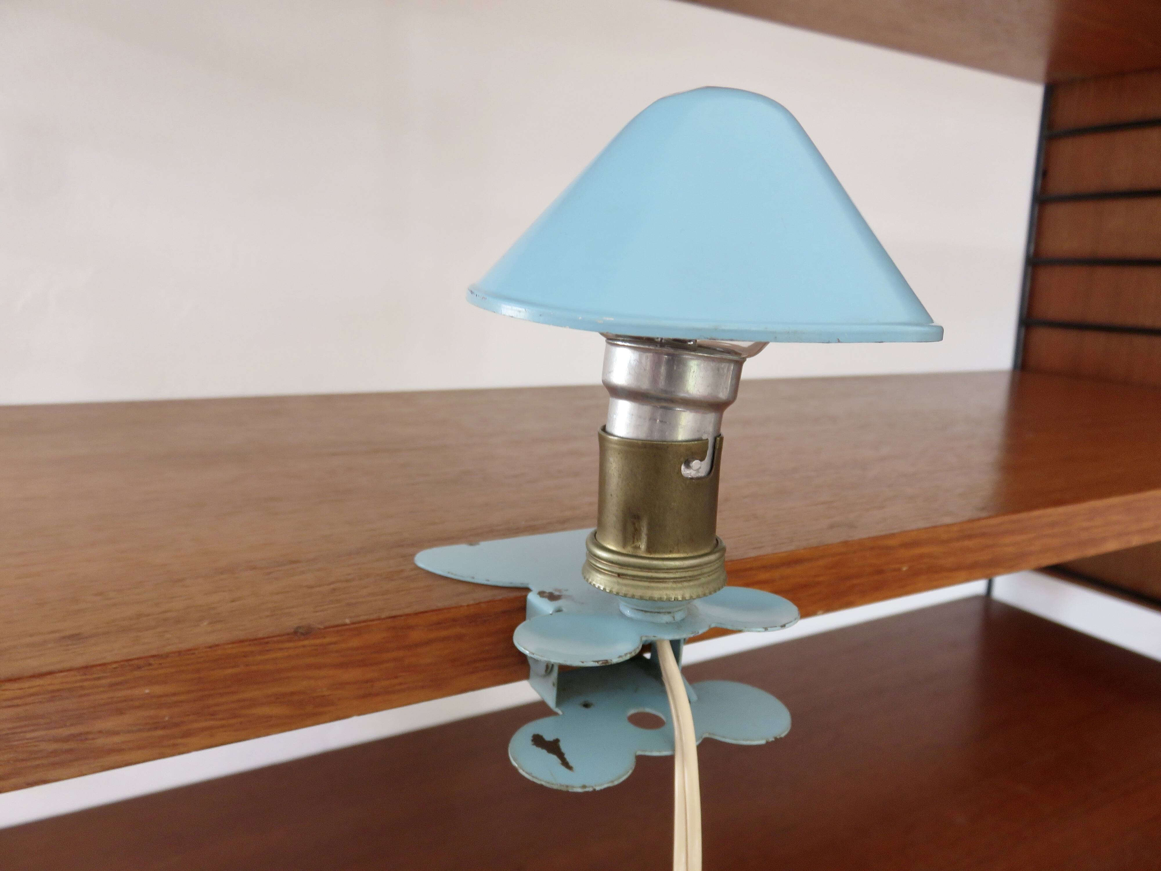 Blue aluminum mushroom clip lamp from the 50s and 60s