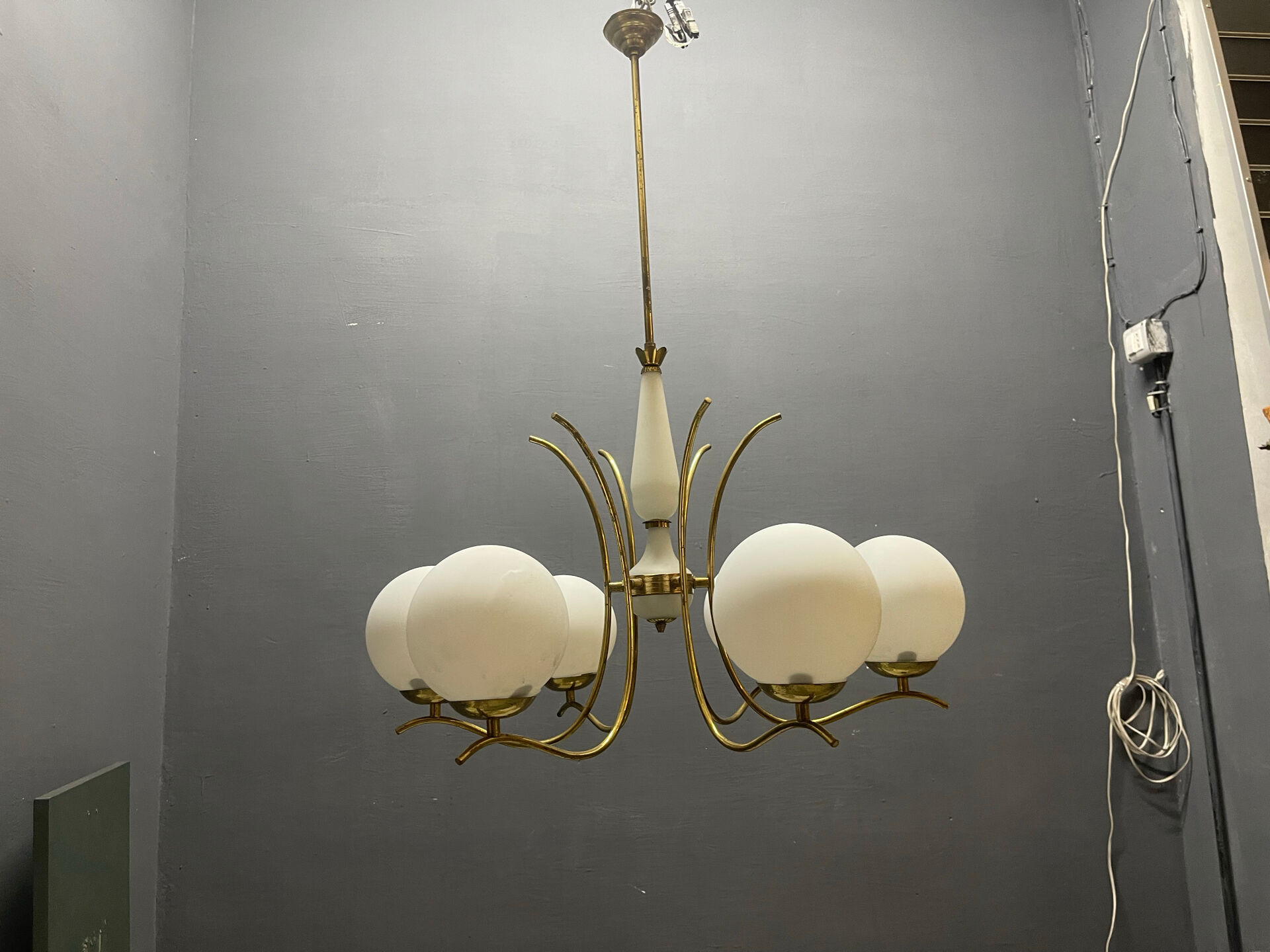 White Opaline Glass & Brass Chandelier, 1960s