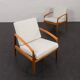 Pair of Kai Kristiansen Paperknife lounge chairs in teak and natural wool