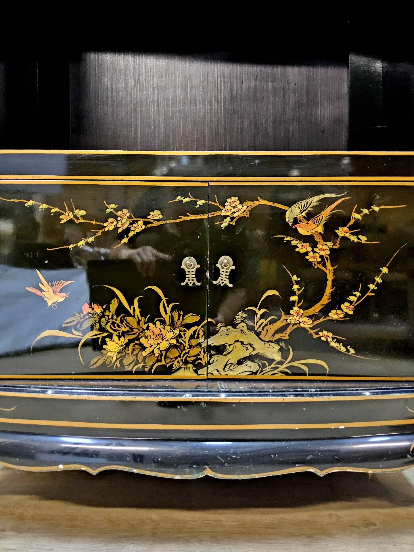 Vintage Chinese cabinet with gold leaf, flowers and peacock/ bohemian