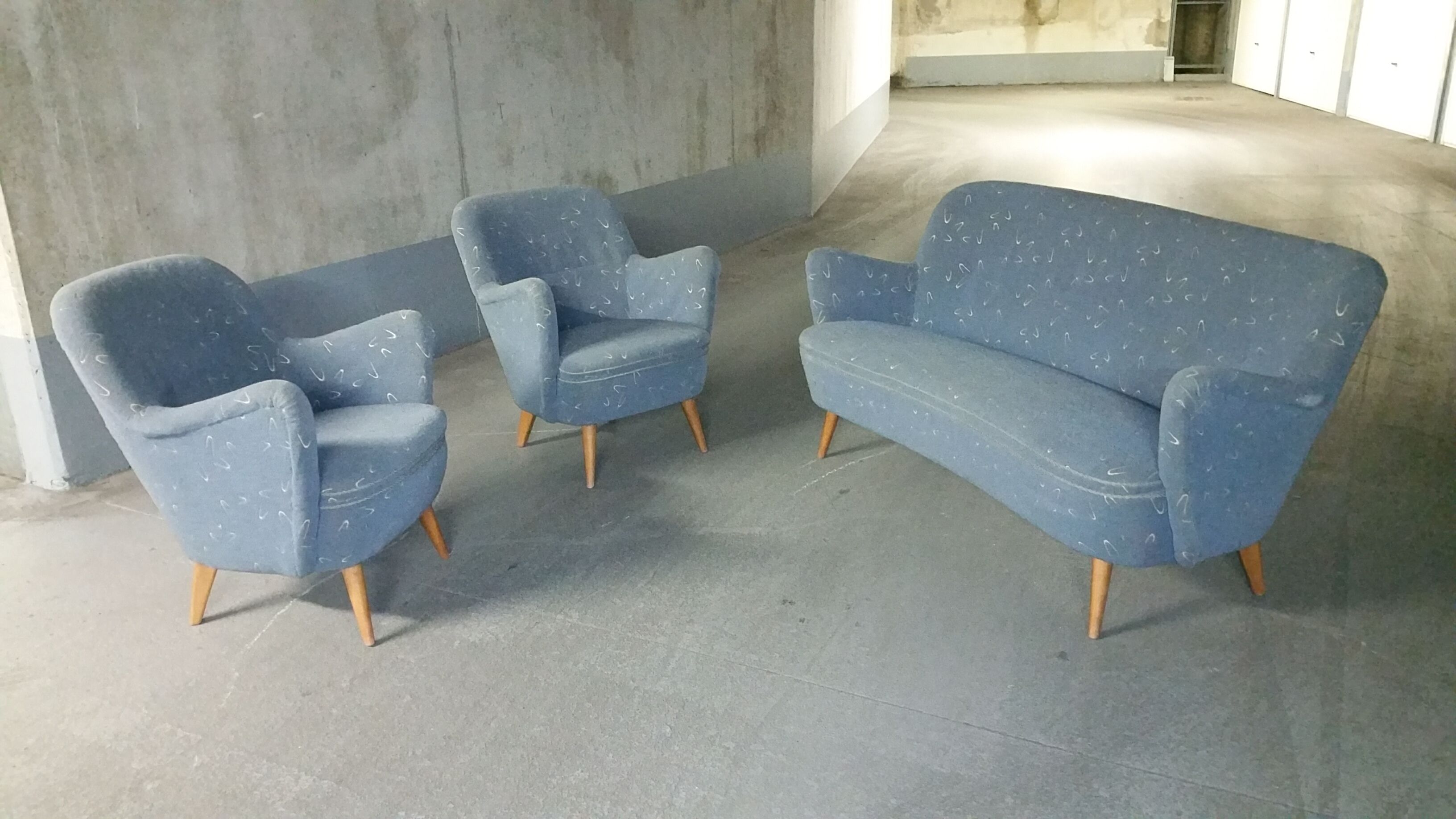 Set sofa and 2 armchairs vintage 50/60s organic fabrics vintage original