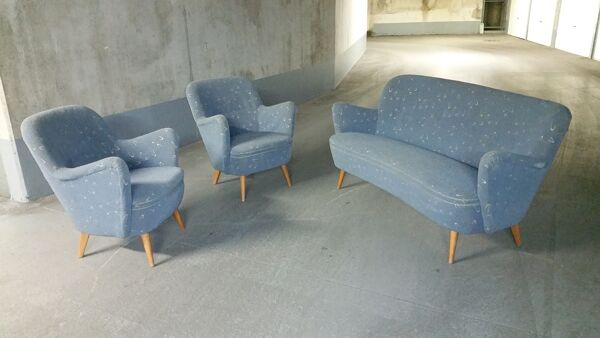 Set canapé et 2 fauteuils vintage années 50/60 organique vintage tissus original