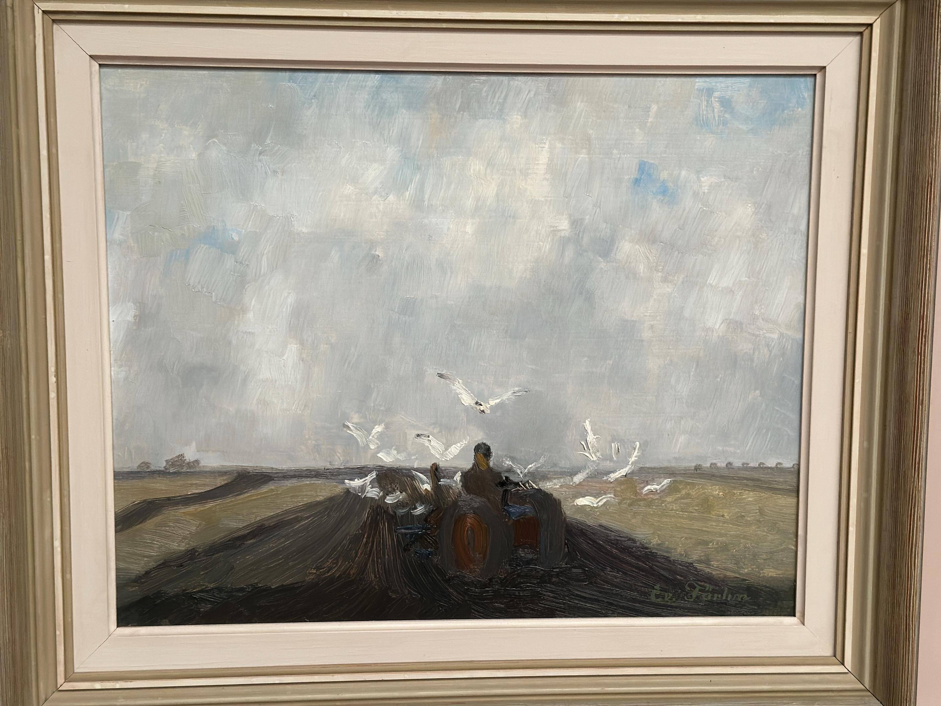 Original Mid Century Swedish Oil on Canvas – Tractor by Evert Färhm