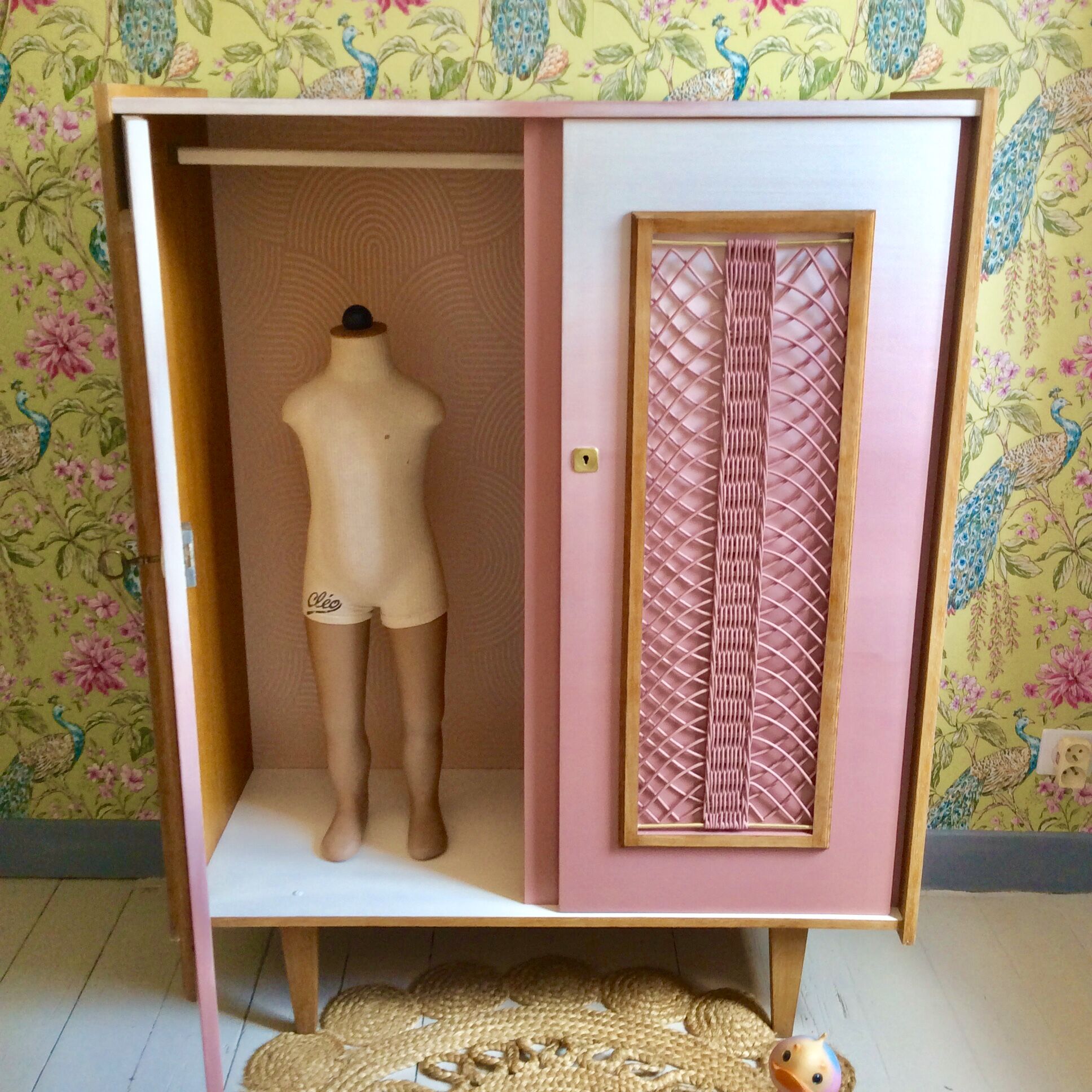Vintage children's wardrobe wood and wicker