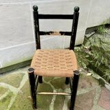 Chaise Italienne Vintage Laquée Noire Corde Tressée