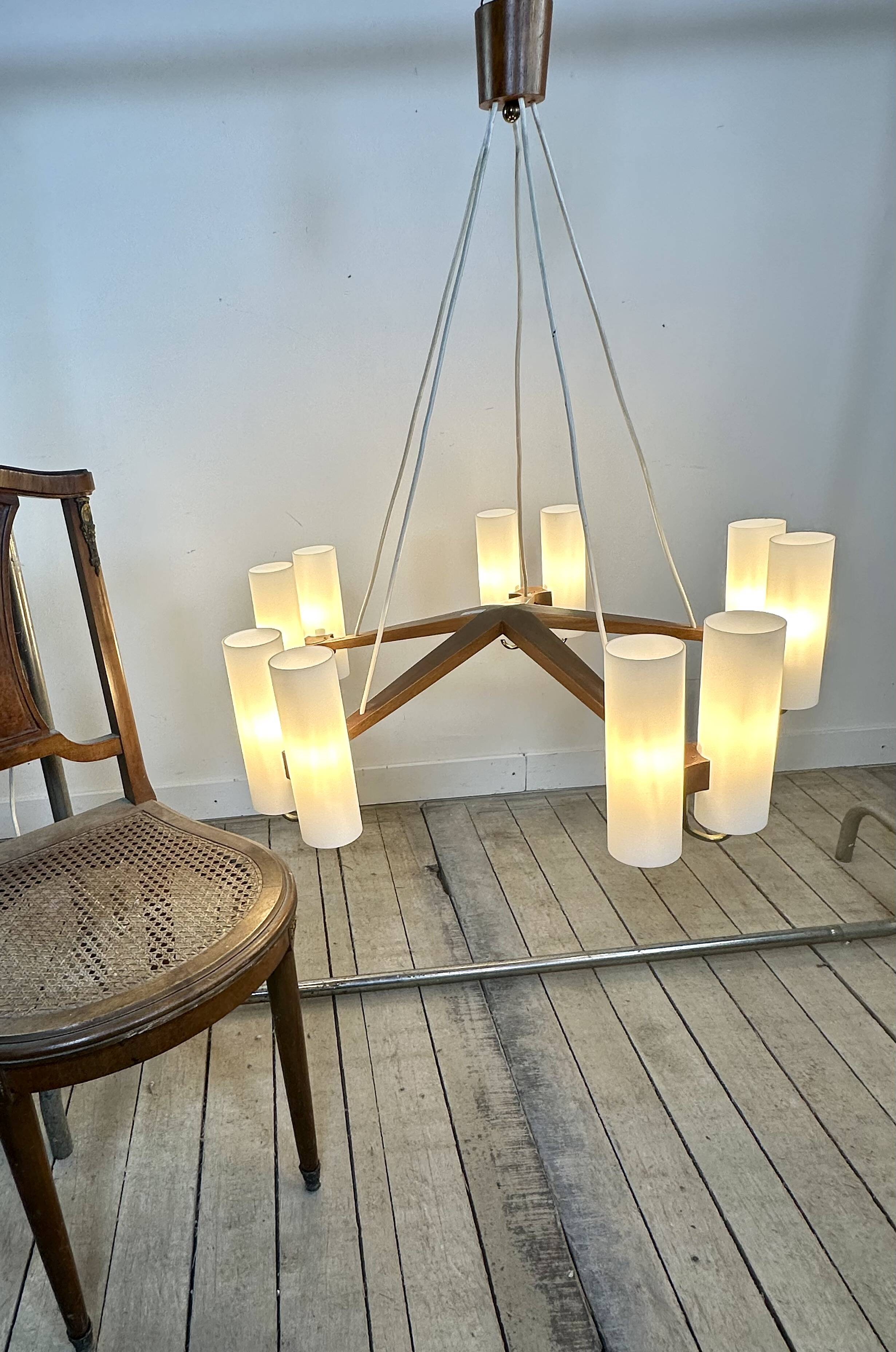 vintage Scandinavian chandelier 10 lights Östen Kristiansson for Luxus 1960s