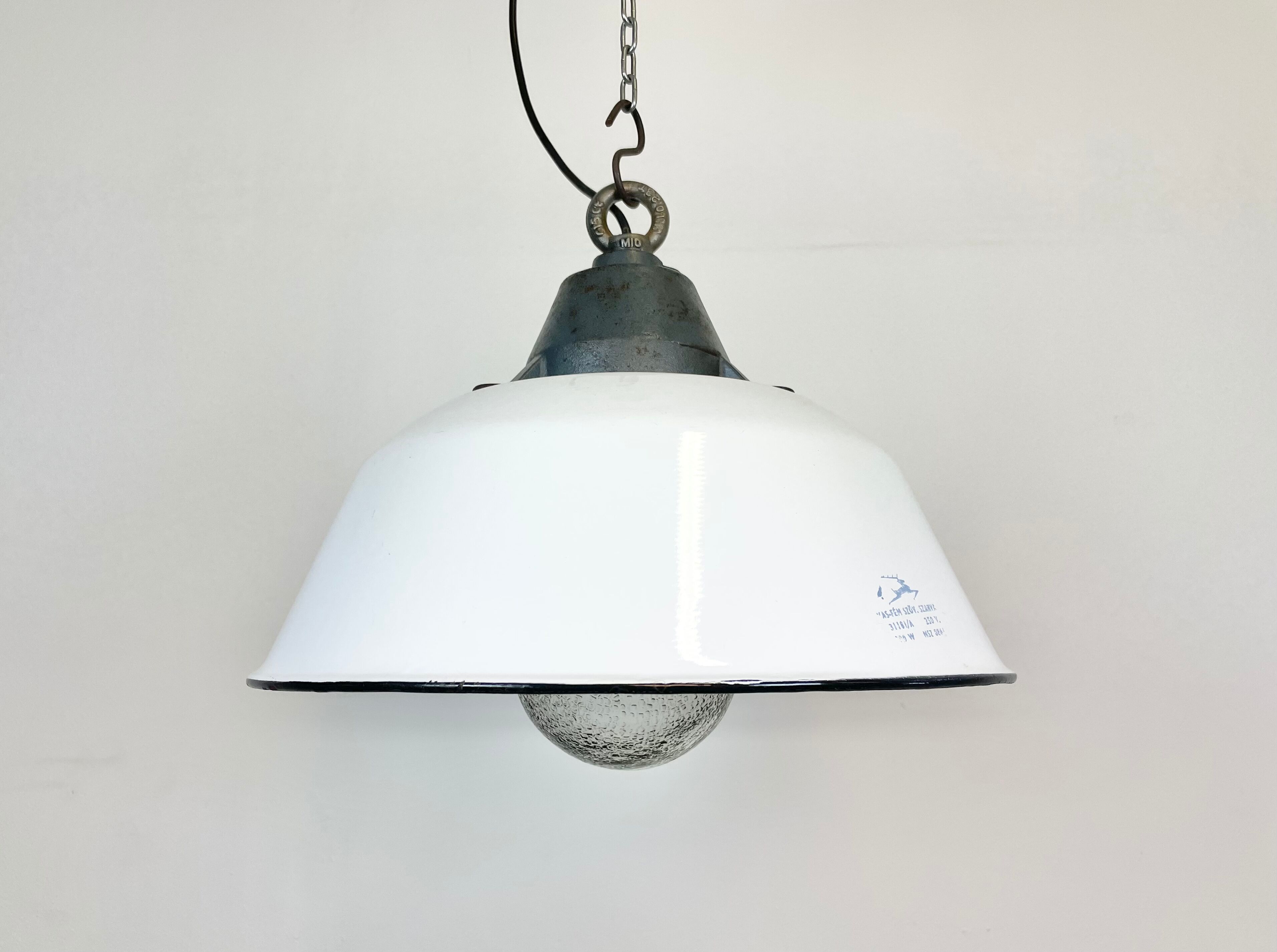 White Enamel and Cast Iron Industrial Pendant Light with Glass Cover, 1960s