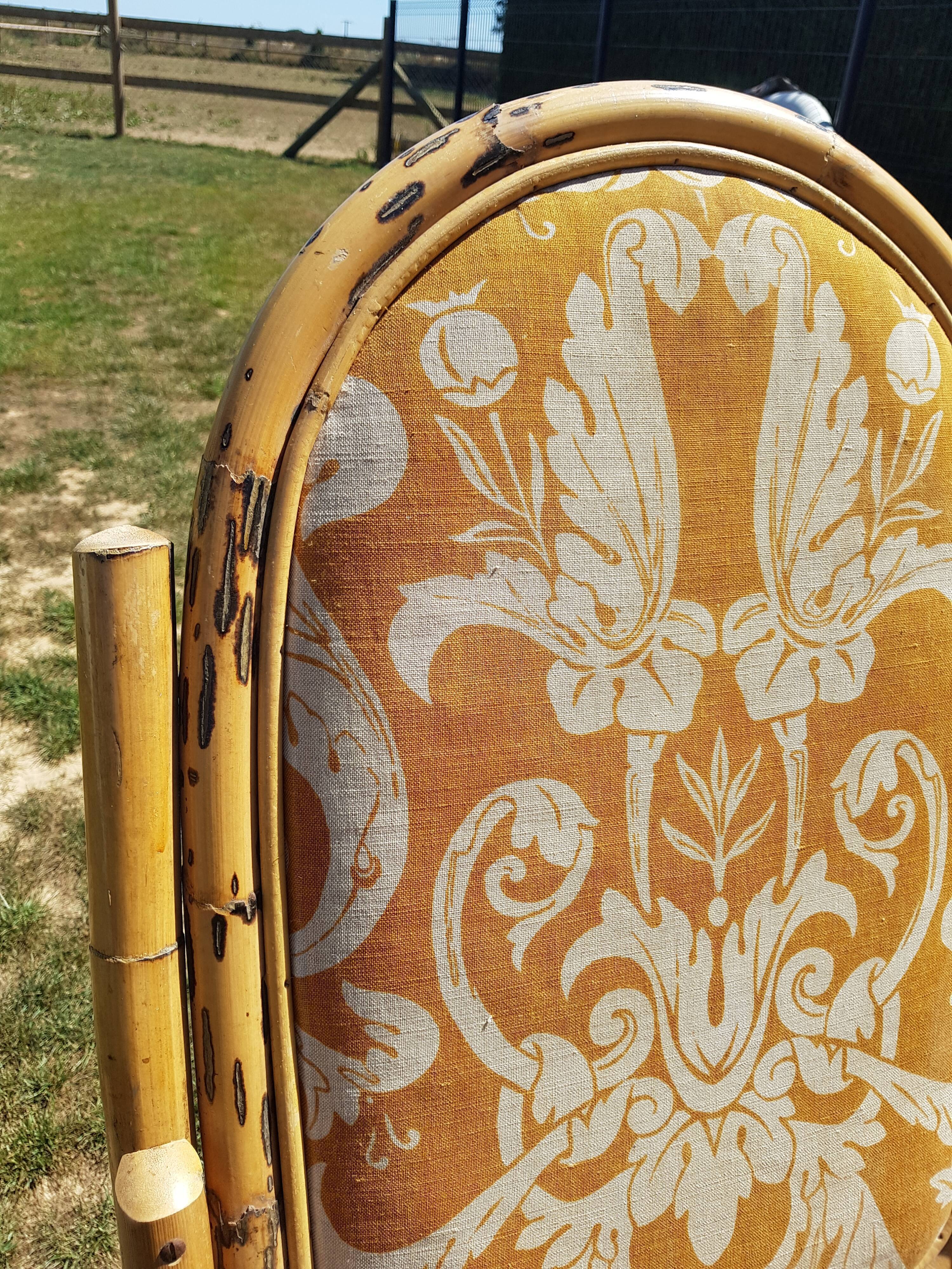 Set of 2 bamboo rocking chairs, yellow fabric with arabesques
