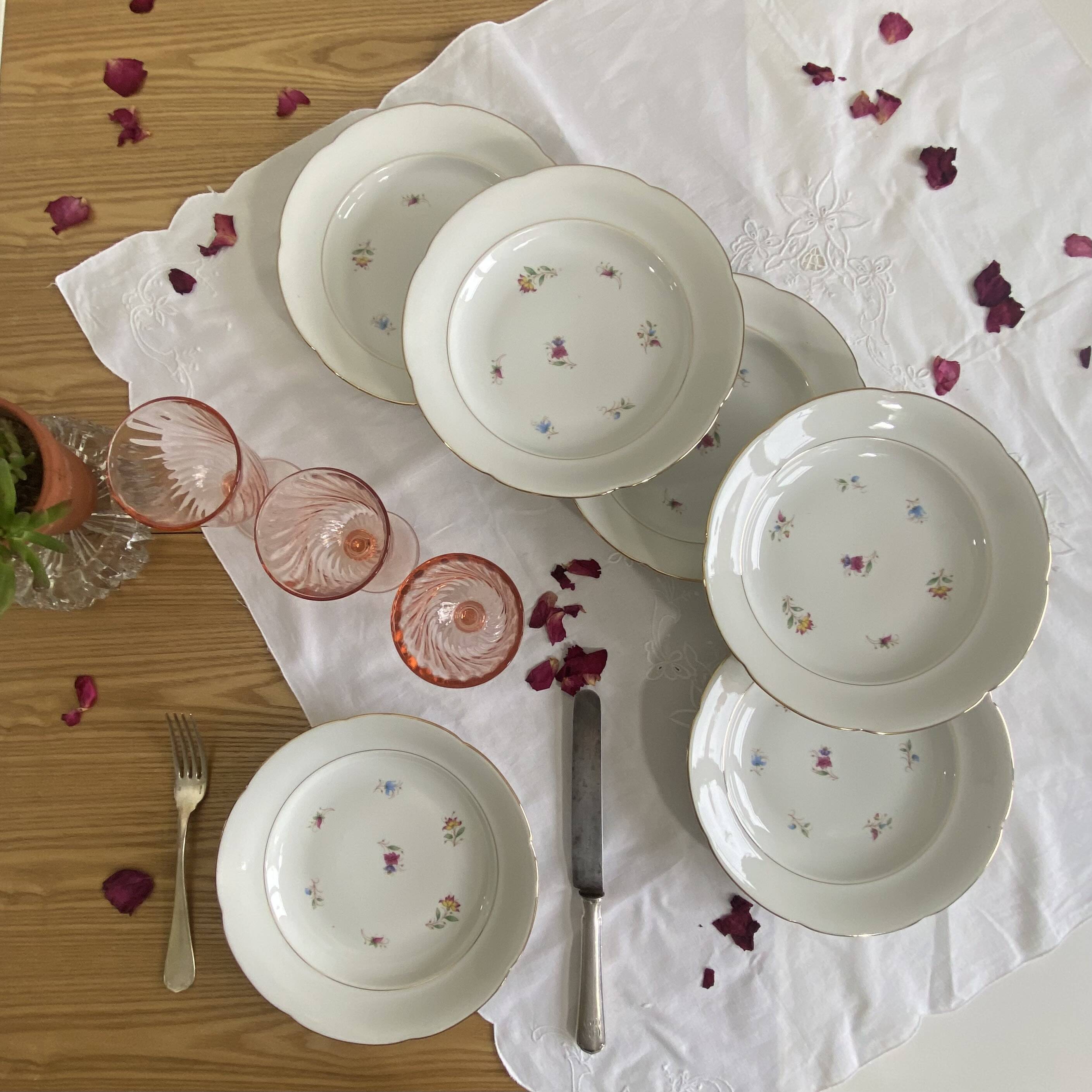 6 deep plates, antique porcelain with flowers and gilding, P L Limoges.