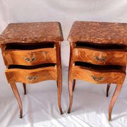 Pair of French rosewood bedside tables, marble top, inlaid beds.