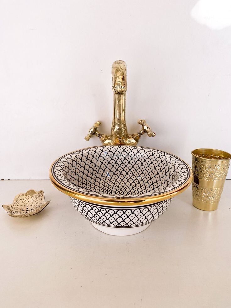 Moroccan ceramic Sink 100% handcrafted with Gold Brass