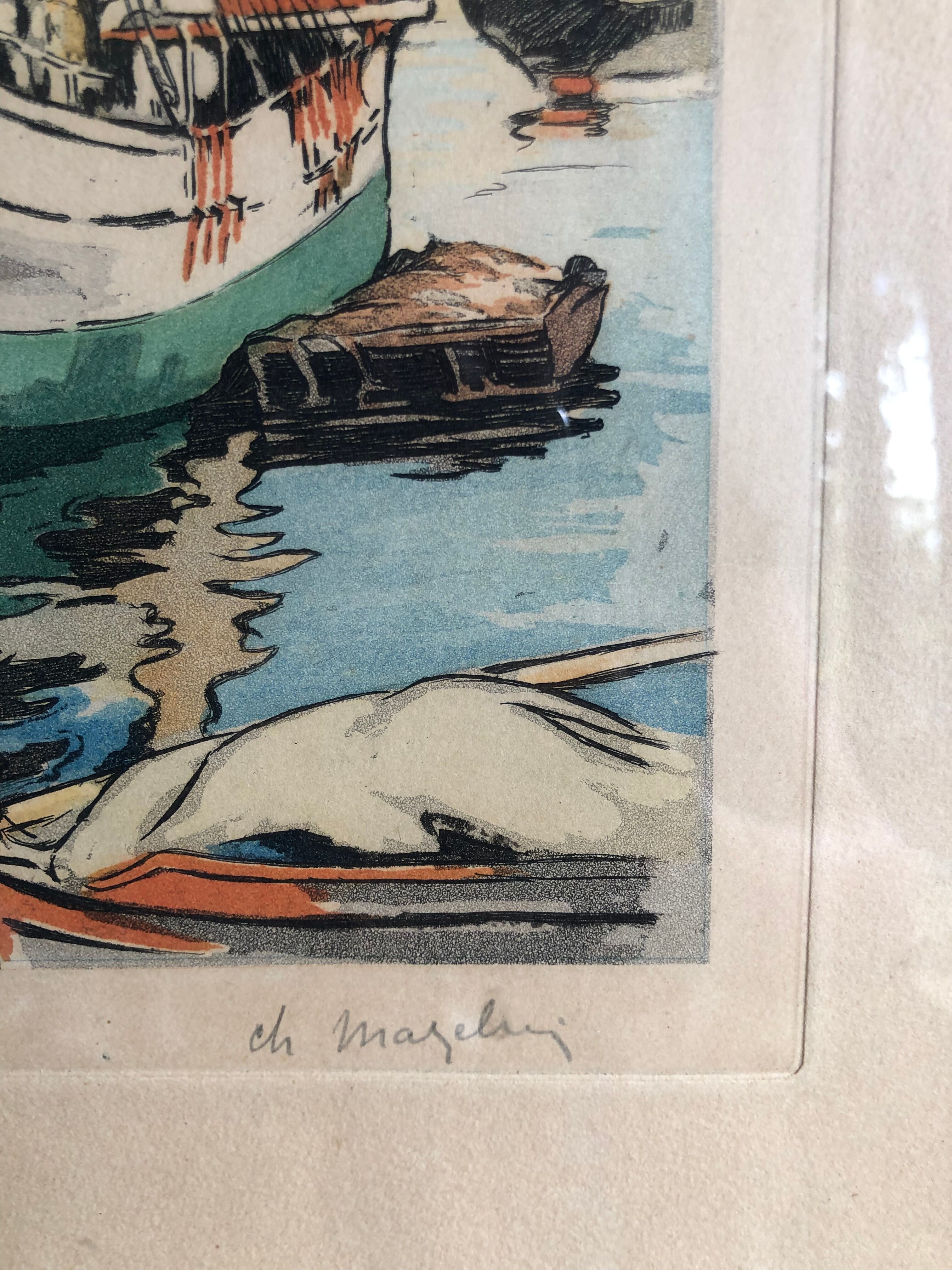 Framed engraving port landscape