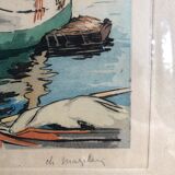 Framed engraving port landscape