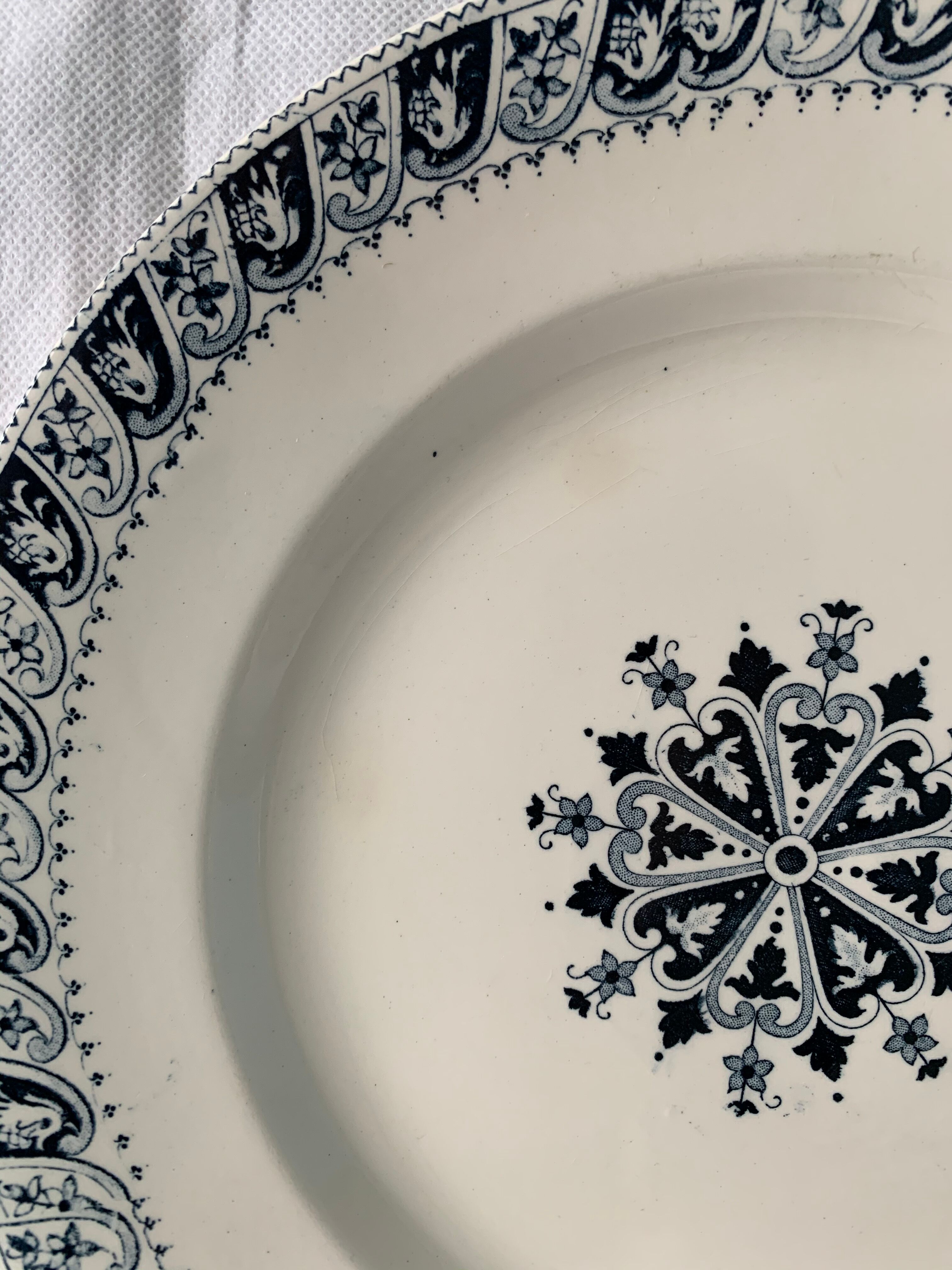 Lot of 12 old flat plates and 2 dishes, Terre de fer Henri II Salins