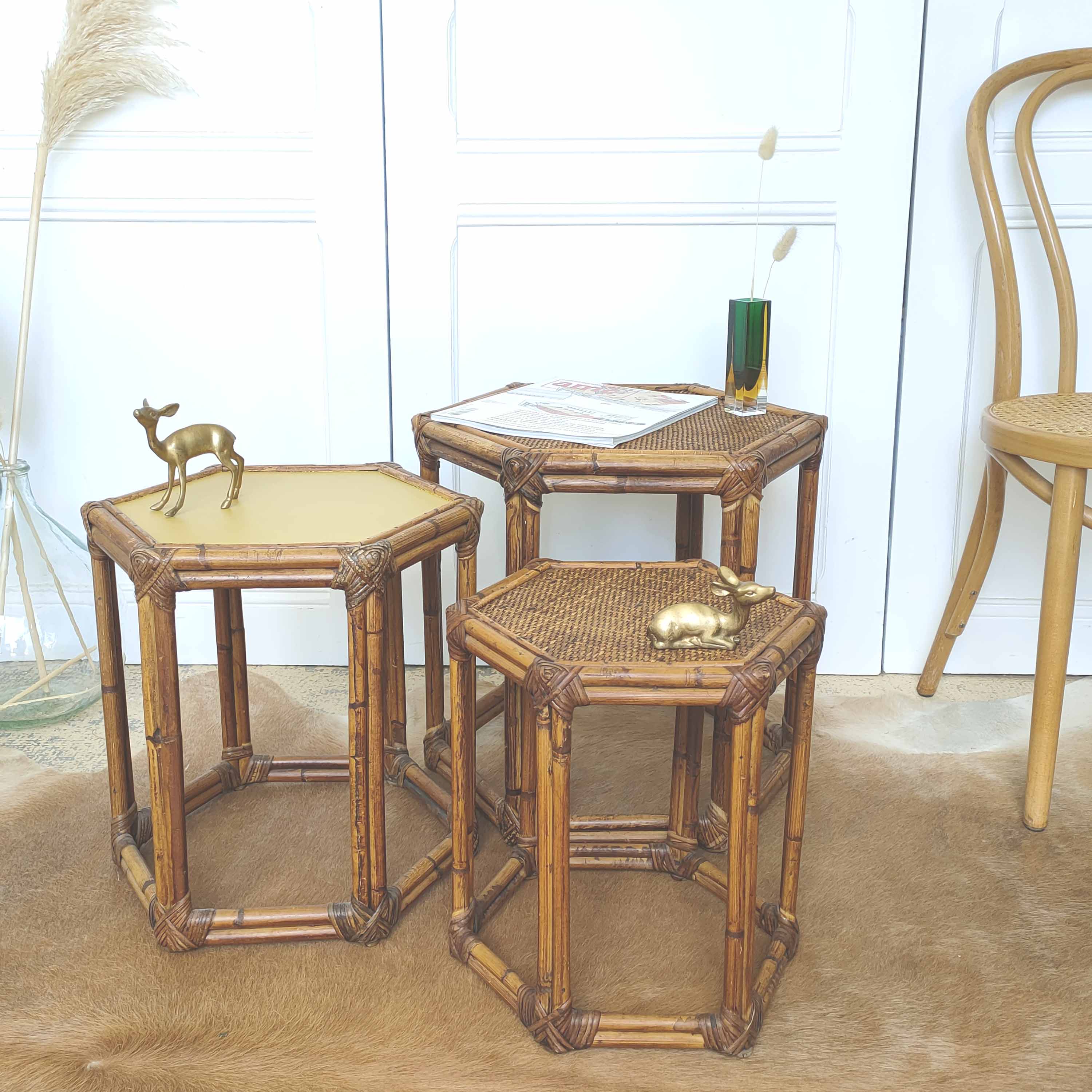3 vintage rattan coffee tables hexagonal shape