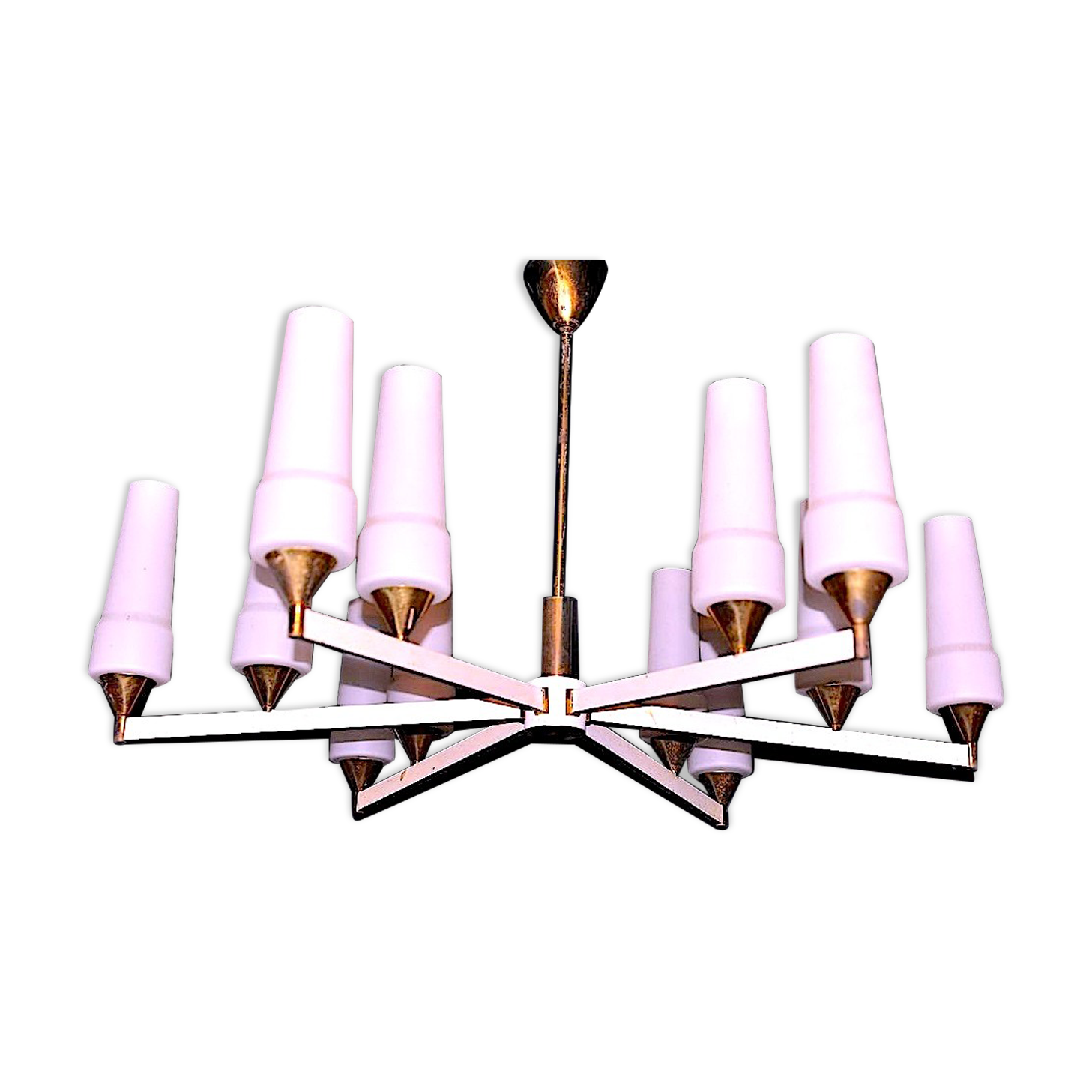 White and brass modernist chandelier, italy 1950's