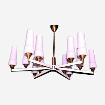 White and brass modernist chandelier, italy 1950's