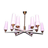 White and brass modernist chandelier, italy 1950's
