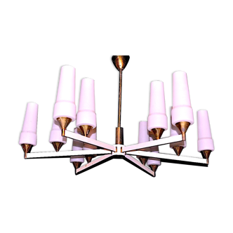White and brass modernist chandelier, italy 1950's