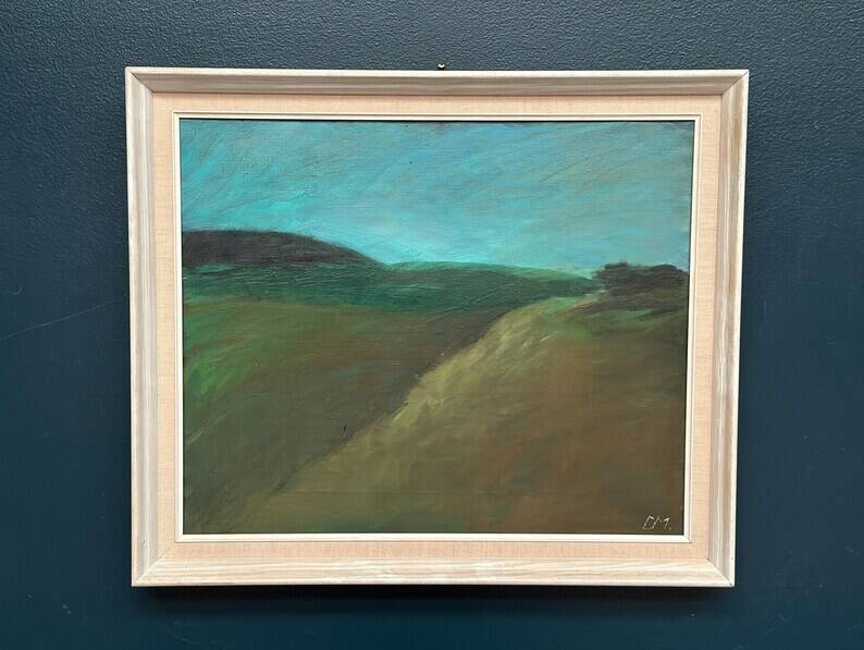 Huile sur toile originale suédoise – "Paysage" par Dina Mortensen – Signé DM – Vintage et encadré – 53 × 45,5 cm (20,9" × 17,9")
