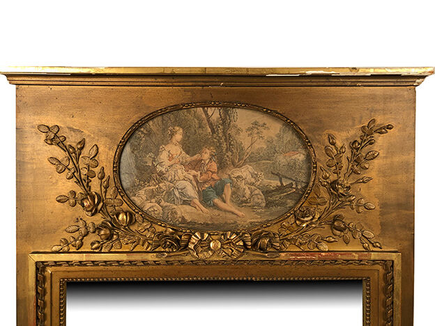 Louis XVI style trumeau in wood and gilded stucco and medallion engraving in the upper part