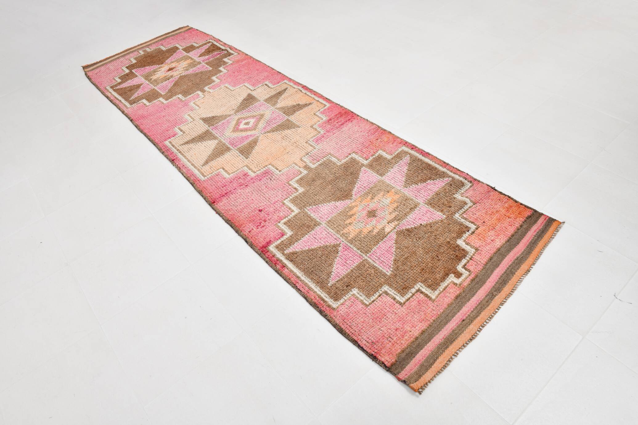 3x11 Pink and Brown Rare Colors Runner Rug, Wool Kilim Rug, 94x320Cm