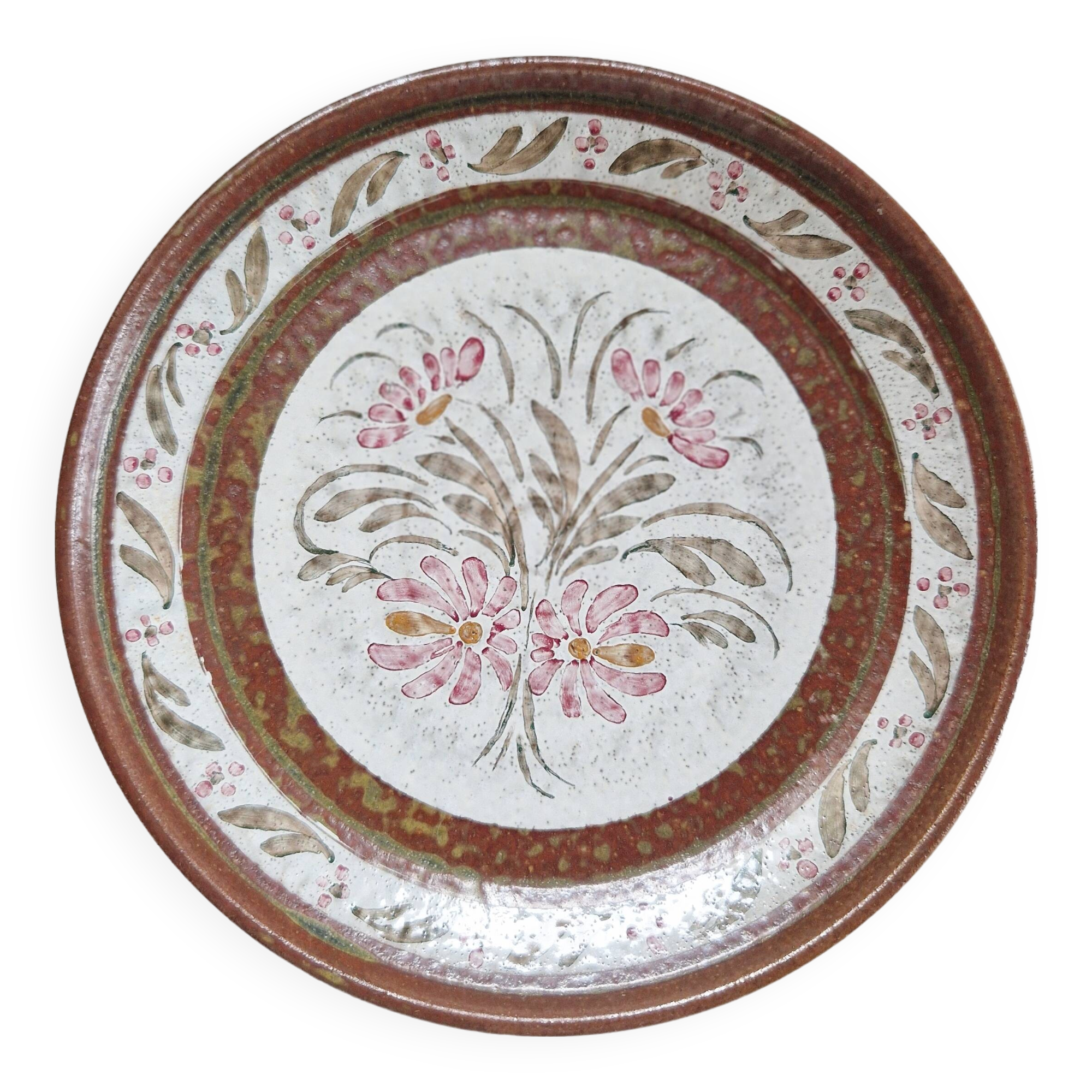 Keraluc quimper stoneware plate with pink flower motif, hand-decorated, 22 cm