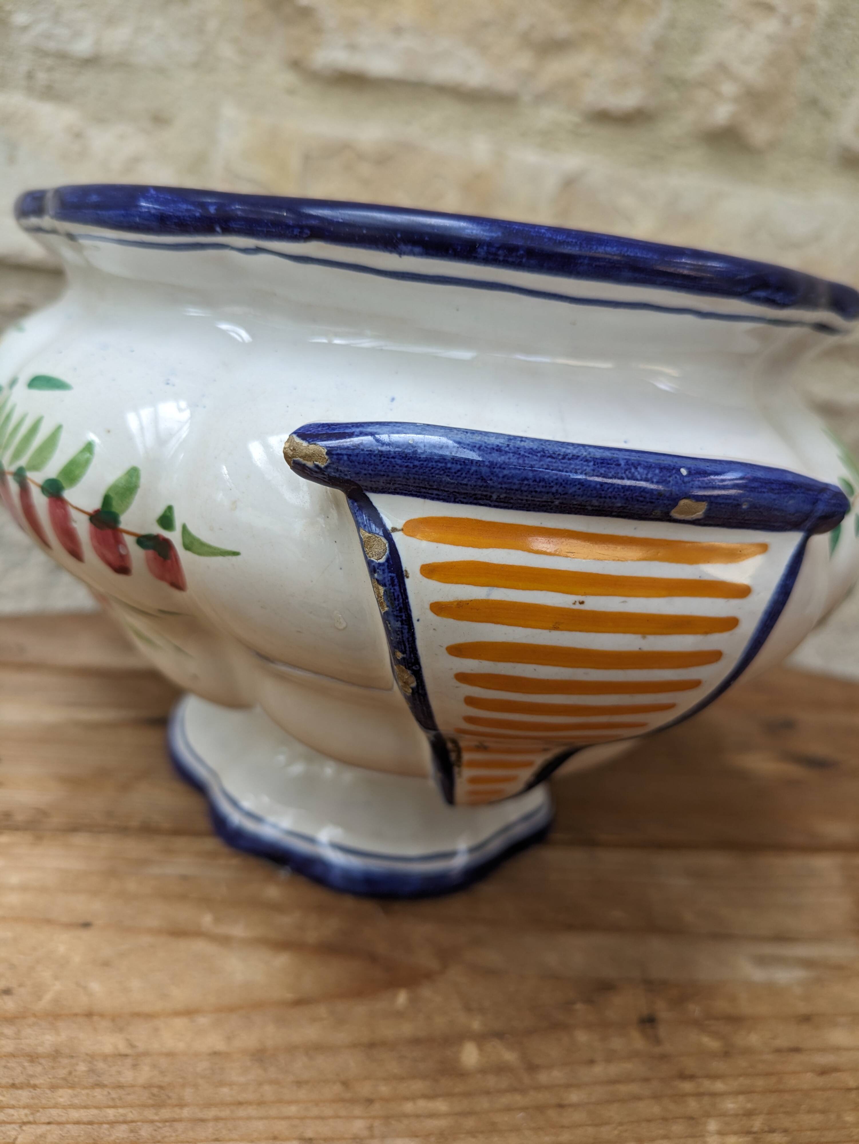 Old serving dish, vegetable dish, soup tureen without lid, flower decoration