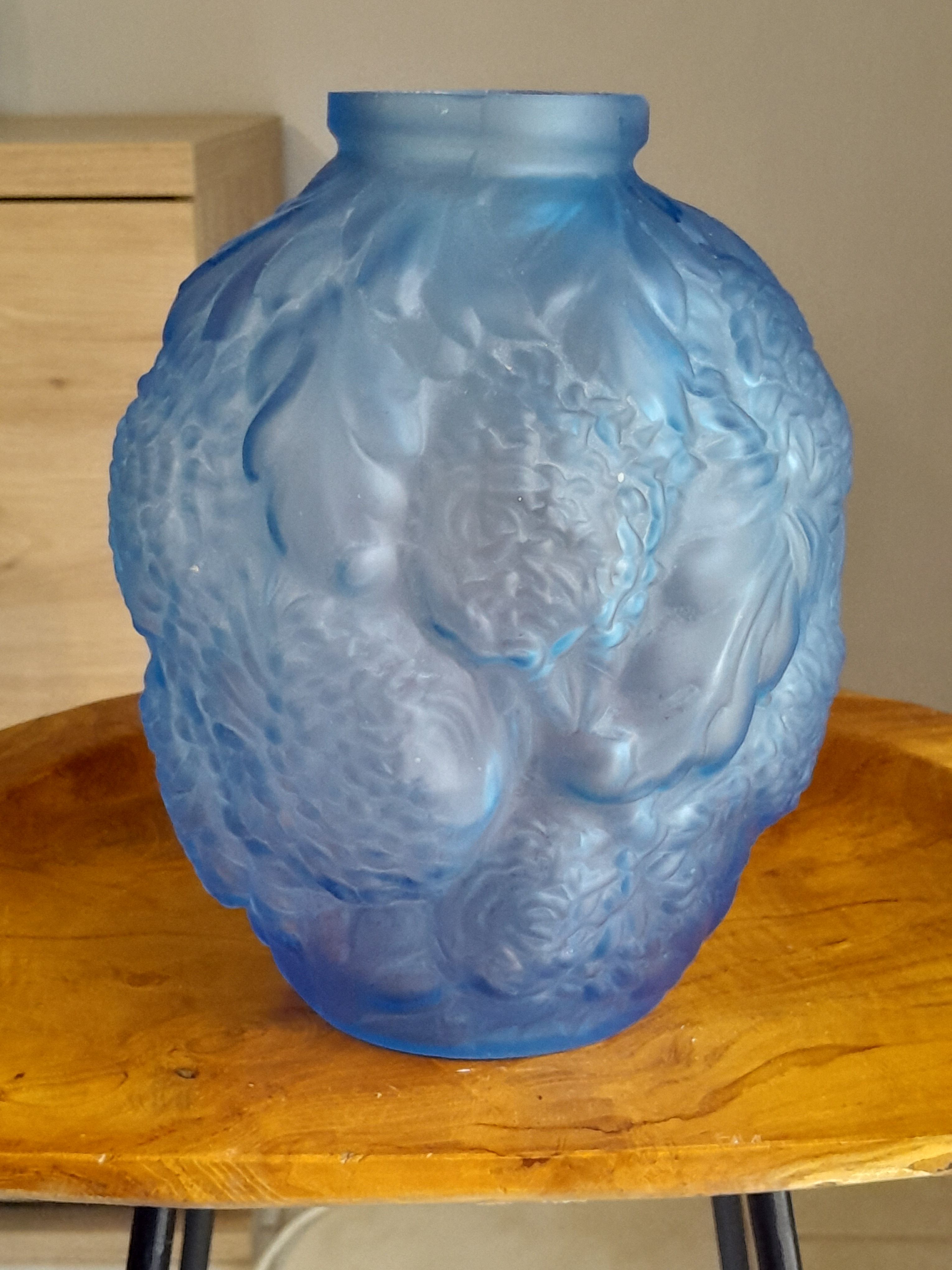 Pair of vases art deco glass blue pattern flower chrysanthemums