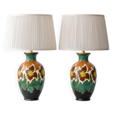 Gouda Pottery Table Lamps, Pair, Dutch Art Deco Floral, New Silk Shades