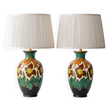 Lampes de table en poterie Gouda, paire, art déco floral néerlandais, nouveaux abat-jours en soie.
