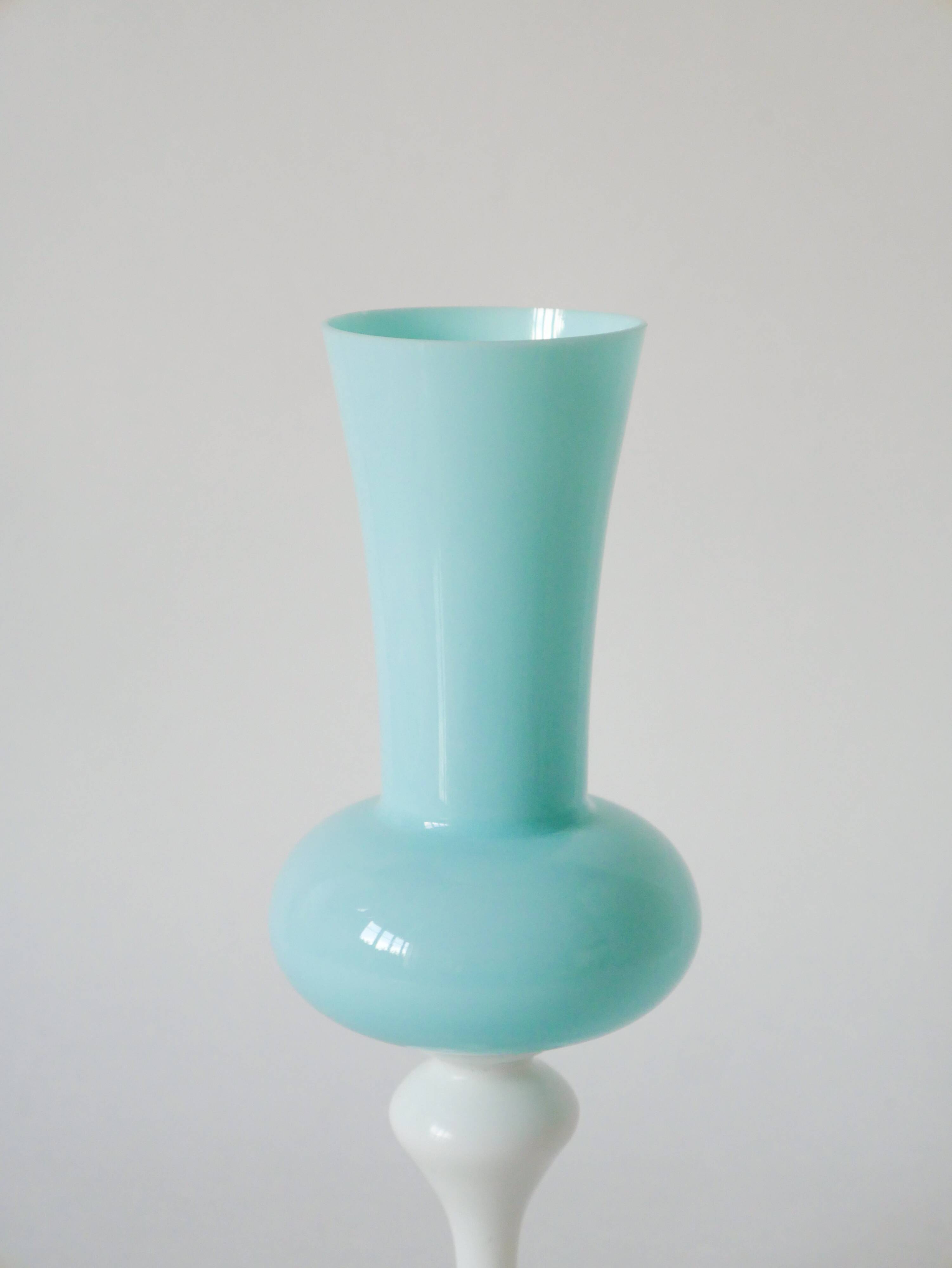 sky blue opaline vase and white feet 1970