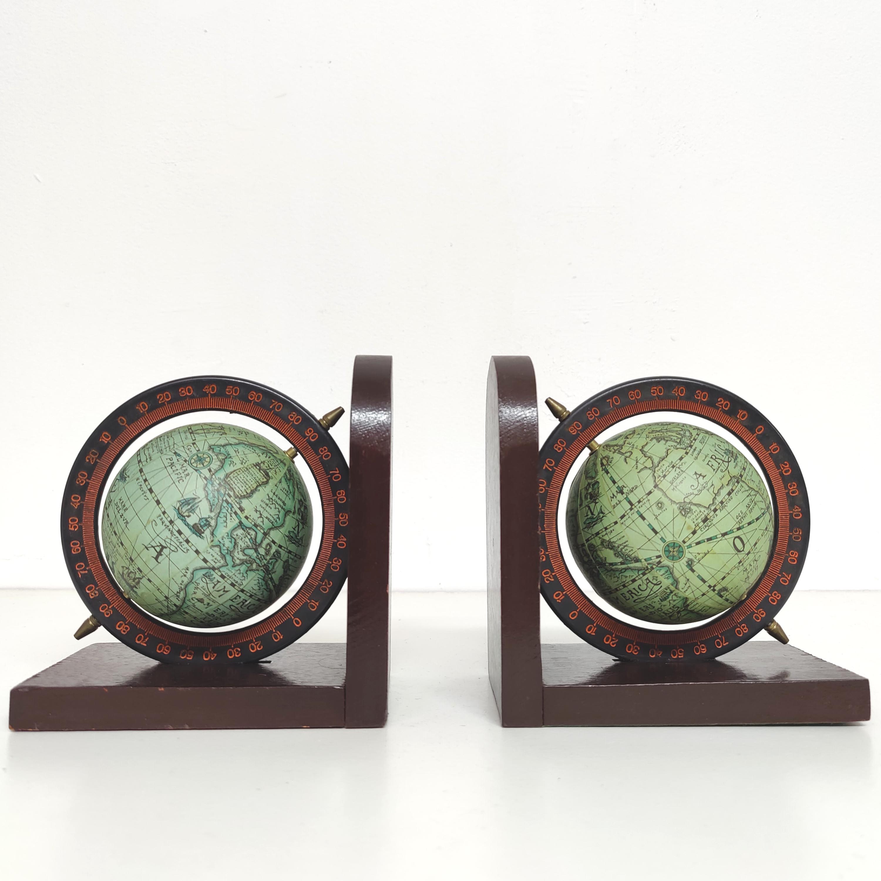 Pair of bookends vintage globe world map wood paper